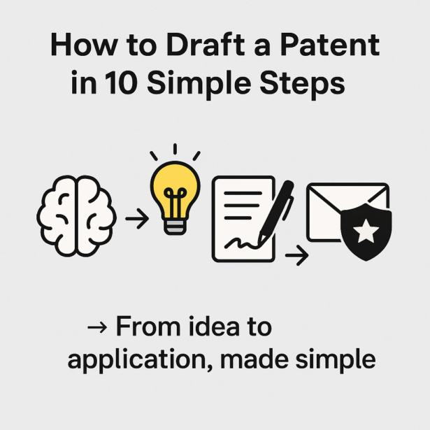 How to Draft a Patent in 10 Simple Steps' showing a brain and lightbulb for idea generation, a pen and paper for drafting, and an envelope with a shield symbolizing patent submission and protection, all connected by arrows to illustrate the process from concept to application